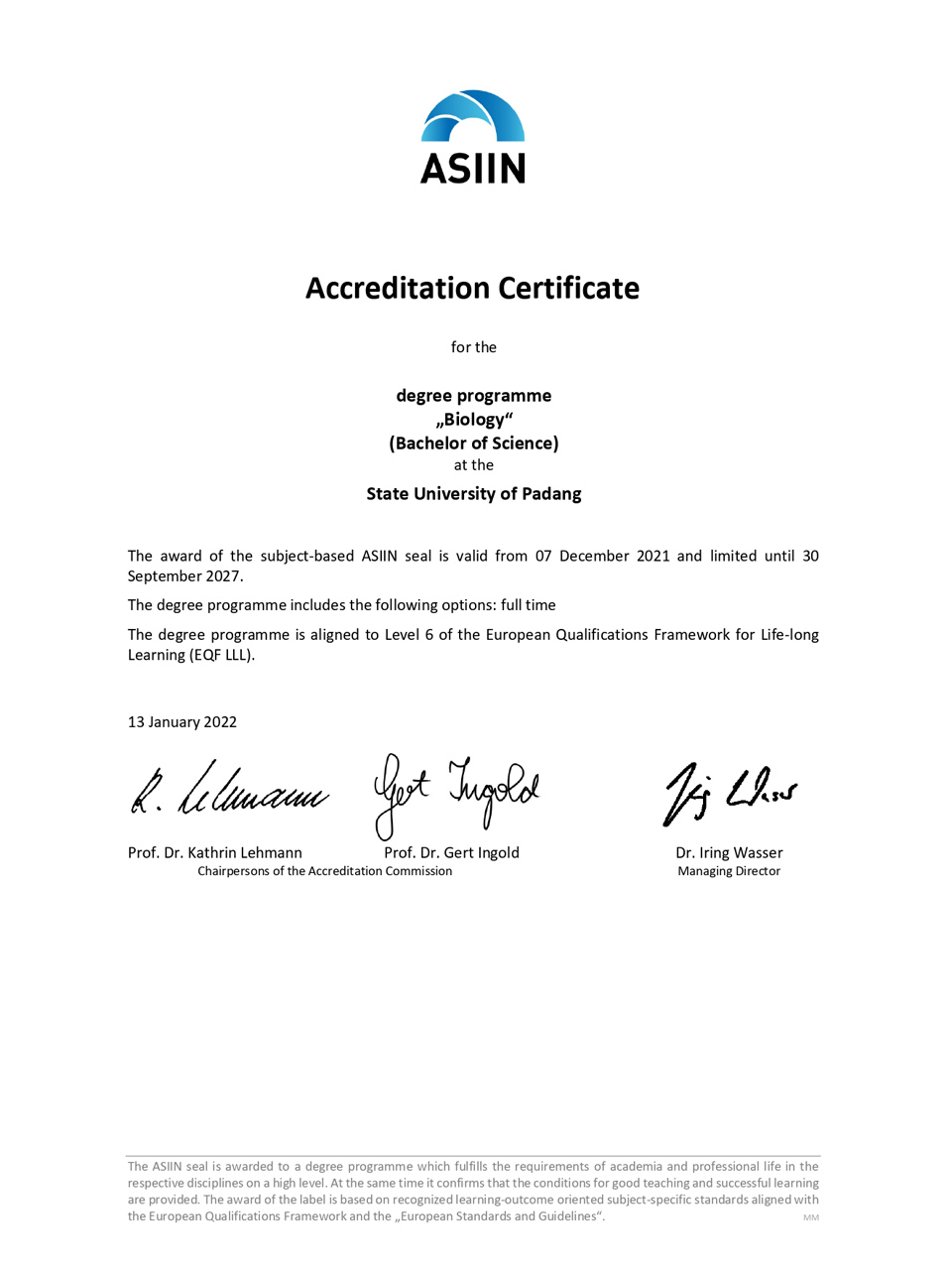 ASIIN Accreditation Certificate for Biology Study Program